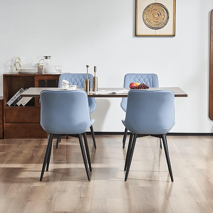 YOUNIKE Blue Dining Chairs set of 2 with High Backs Mid Century Modern Kitchen & Dining Room Chairs PU Faux Leather Upholstered sillas de comedor Comfortable Large Padded Accent Chairs with Metal Legs - LeafyLoom