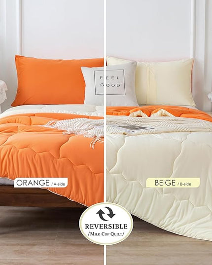 COTTEBED Reversible Ultra-Soft Bright Orange Beige Twin Comforter Set for Girl Boy Kid Dorm, Jersey Knit T-Shirt Feel Cute Lightweight Cozy Comfy Bedding Blanket Down Conforter All Season Twin/Twin XL - LeafyLoom