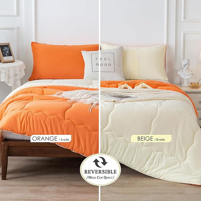 COTTEBED Reversible Ultra-Soft Bright Orange Beige Twin Comforter Set for Girl Boy Kid Dorm, Jersey Knit T-Shirt Feel Cute Lightweight Cozy Comfy Bedding Blanket Down Conforter All Season Twin/Twin XL - LeafyLoom