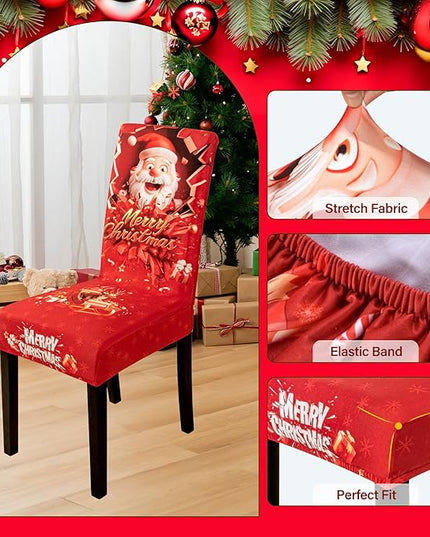 4PCS Christmas Dining Chair Covers Stretch Removable Washable Dining Room Chair Protector Slipcover 3D Print Santa Claus Deer Kitchen Chair Cover Slipcovers Protector for Xmas Holiday Party Home Décor CZL
