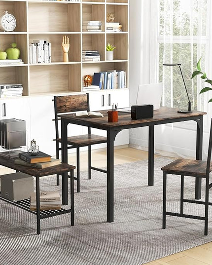 Dining Table Set for 4, Dinette Set w/Bench & Chairs, 2-Person Kitchen Table and Chairs w/Metal Frame & Storage Rack, Space-Saving Kitchen Table w/Bench for Apartment (Rustic Brown), Small - LeafyLoom