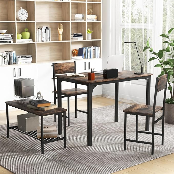 Dining Table Set for 4, Dinette Set w/Bench & Chairs, 2-Person Kitchen Table and Chairs w/Metal Frame & Storage Rack, Space-Saving Kitchen Table w/Bench for Apartment (Rustic Brown), Small - LeafyLoom