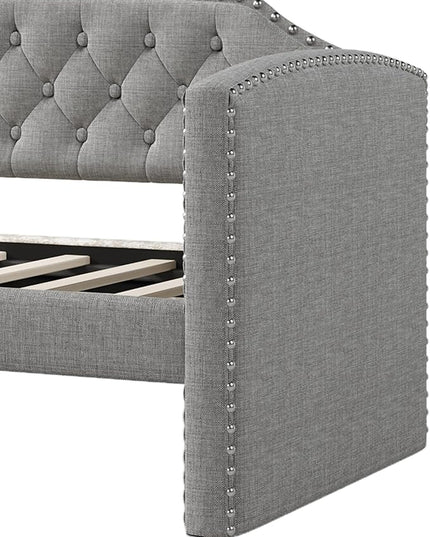 Merax Twin Size Upholstered Daybed with Trundle Bed, Linen Fabric Tufted Wooden Sofa Bed Frame for Living Room, Guest Room, Bedroom, Grey - LeafyLoom
