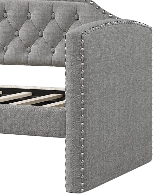 Merax Twin Size Upholstered Daybed with Trundle Bed, Linen Fabric Tufted Wooden Sofa Bed Frame for Living Room, Guest Room, Bedroom, Grey - LeafyLoom