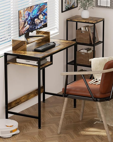 Computer Desk - 32 Inch Home Office Desk with Storage, Gaming Desk with Monitor Stand, Modern Simple Study Table, Adjustable Storage Space, Rustic - LeafyLoom
