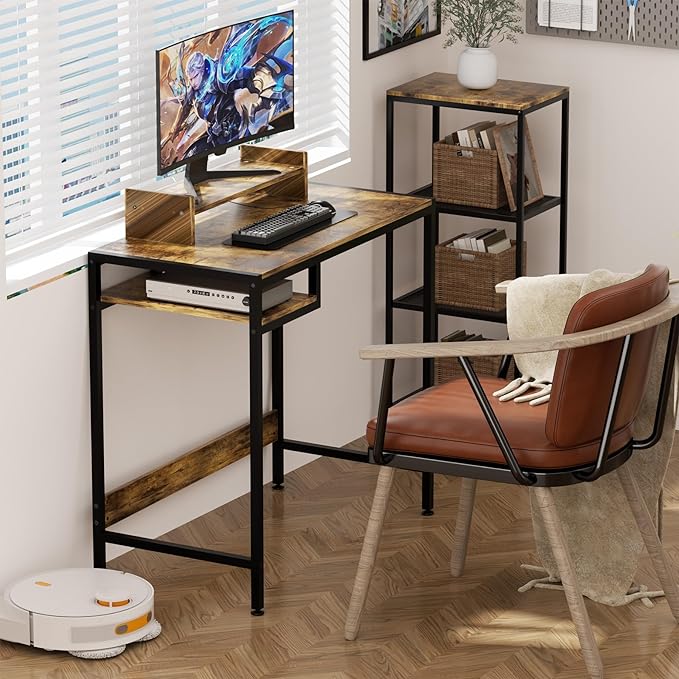 Computer Desk - 32 Inch Home Office Desk with Storage, Gaming Desk with Monitor Stand, Modern Simple Study Table, Adjustable Storage Space, Rustic - LeafyLoom