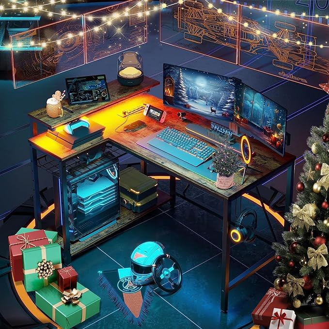 Bestier Small Gaming Desk with Power Outlets,42 L Shaped LED Computer Desk with Stand Reversible Shelves,Corner Gamer Desk with Headset Hooks USB Charging Port,Carbon Fiber Black - LeafyLoom