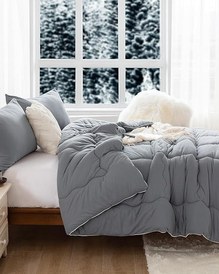 COTTEBED Ultra-Soft Warm Comforter Set Queen/Full Size Bed, Thick Milk Cup Breathable Fluffy Bedding Down Alternative & Pillowcase for Man Women Girl Winter Dark Grey - LeafyLoom