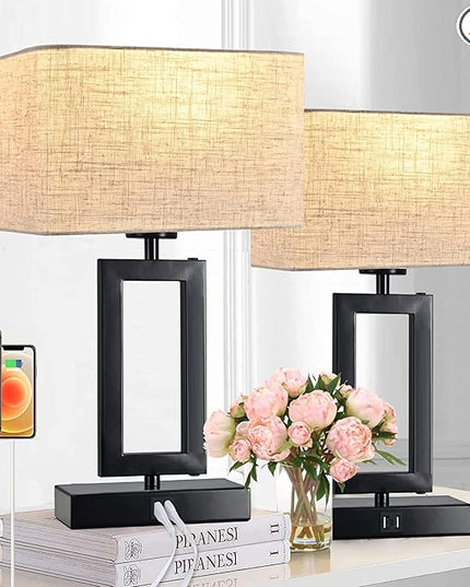Lamps for Bedroom Set of 2 Touch Control Table Lamps with Dual USB Ports,Bedside Lamp3-Way Dimmable Lamps for Nightstand, Modern Desk Lamps for Living Room Office, LED Bulbs Included, Black&Cream - LeafyLoom