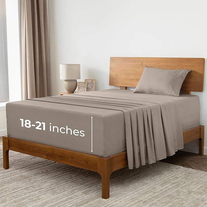 Mellanni Extra Deep Twin Sheets - 3 PC Iconic Collection Bedding Sheets & Pillowcases - Hotel Luxury, Ultra Soft, Cooling Bed Sheets - Extra Deep Pocket up to 21 inch (Twin, Tan) - LeafyLoom