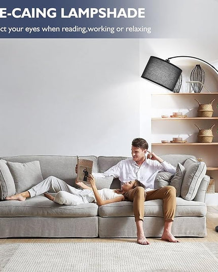 Arc Floor Lamps for Living Room, Modern Remote Control Standing Lamp with Stepless Dimmable, Black Tall Lamp with Black Drum Shade, Over Couch Arched Reading Light for Bedroom, Office(Bulb Included) - LeafyLoom