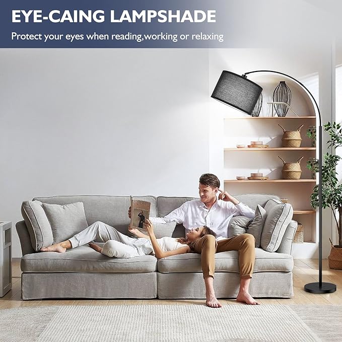 Arc Floor Lamps for Living Room, Modern Remote Control Standing Lamp with Stepless Dimmable, Black Tall Lamp with Black Drum Shade, Over Couch Arched Reading Light for Bedroom, Office(Bulb Included) - LeafyLoom