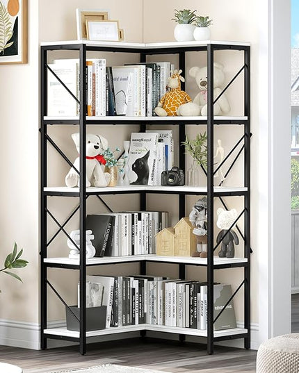 YITAHOME Corner Bookshelf, 5-Tier L-Shaped Bookcase Storage Organizer, Tall Open Display Freestanding Storage Rack Modern Book Shelf for Living Room, Bedroom, Home Office, White - LeafyLoom