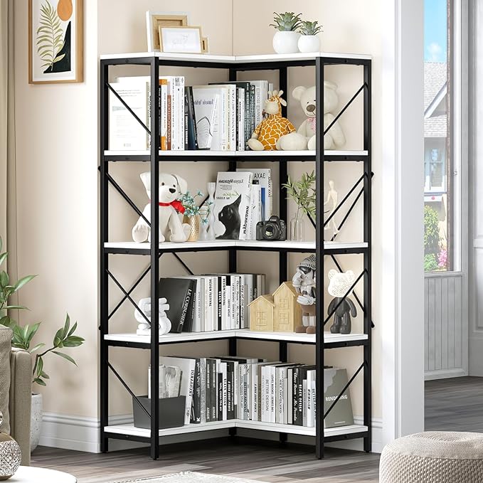 YITAHOME Corner Bookshelf, 5-Tier L-Shaped Bookcase Storage Organizer, Tall Open Display Freestanding Storage Rack Modern Book Shelf for Living Room, Bedroom, Home Office, White - LeafyLoom