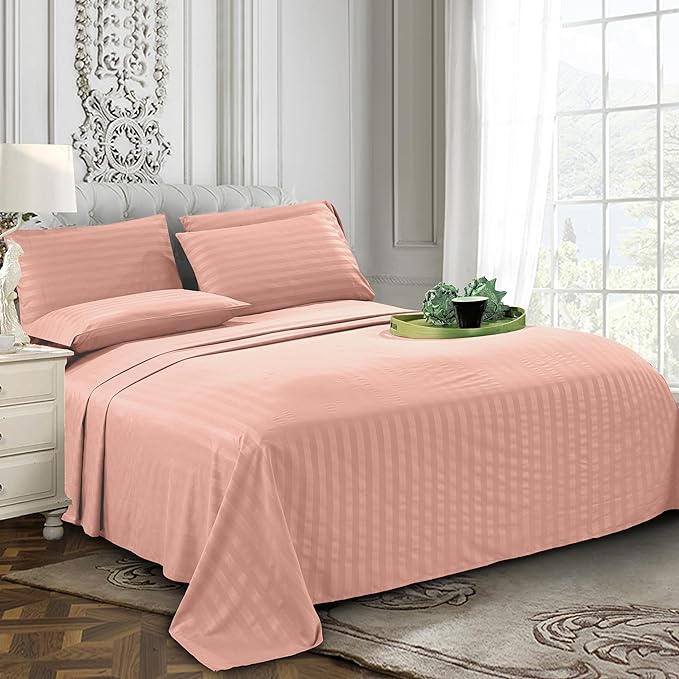 Elegant Comfort Softest and Coziest 6-Piece Sheet Set - 1500 Premium Hotel Quality Microfiber - Deep Pocket, Wrinkle Resistant 6-Piece Damask Stripe Bed Sheet Set, Queen, Dusty Rose - LeafyLoom