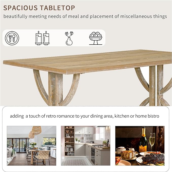 60 Inch Dining Table Set for 6, Retro Rectangular Dining Table with Unique Legs and 4 Upholstered Chairs & 1 Bench, Dining Room Table Set for Dining Room/Living Room, Natural Wood - LeafyLoom