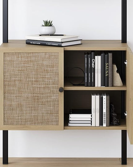 Nathan James Theo Ladder 3 tier Open Bookshelf with Rattan Drawers and Matte Steel Frame, Light Oak/Black - LeafyLoom