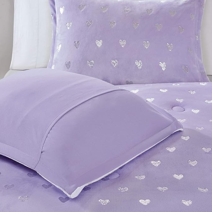 Mi Zone Rosalie Comforter Set for Girls, Ultra-Soft Microlight Plush Metallic Printed Hearts Brushed Reverse Overfilled Down Alternative Hypoallergenic All Season, Twin/Twin XL, Purple/Silver, 3 Piece - LeafyLoom