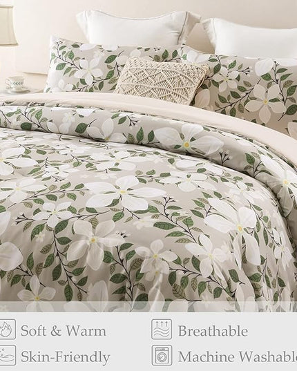 Whale Flotilla Queen Full Comforter Set, Soft Reversible Beige Bedding Comforter Set with Botanical Pattern, 1 Micoriber Printed Comforter and 2 Pillow Shams, 3 Pieces - LeafyLoom
