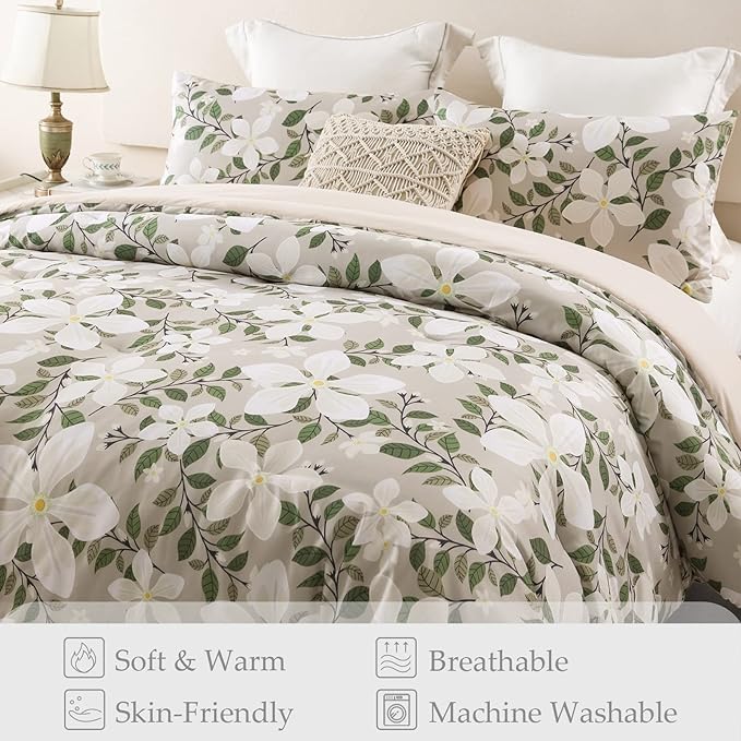 Whale Flotilla Queen Full Comforter Set, Soft Reversible Beige Bedding Comforter Set with Botanical Pattern, 1 Micoriber Printed Comforter and 2 Pillow Shams, 3 Pieces - LeafyLoom