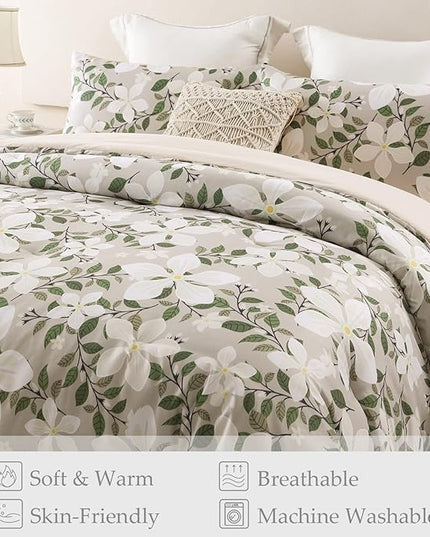Whale Flotilla King Comforter Set, Soft Reversible Beige Bedding Comforter Set with Botanical Pattern, 1 Micoriber Printed Comforter and 2 Pillow Shams, 3 Pieces - LeafyLoom