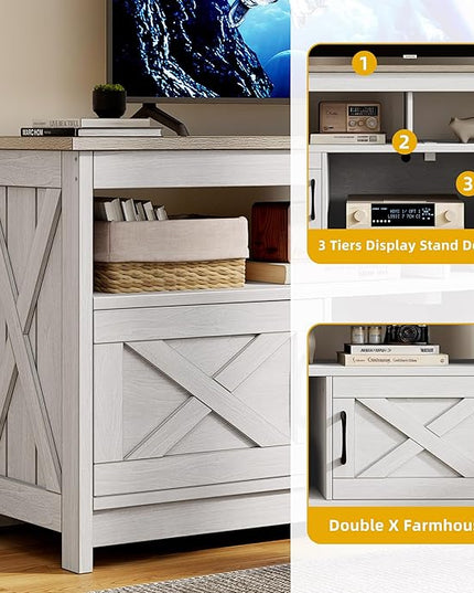 DWVO Farmhouse TV Console, TV Stand with Power Outlets for TVs up to 65 Inch, Entertainment Center Mid Century Modern TV Cabinet, Rustic Media Console Table for Living Room, Grey White/Grey Wash - LeafyLoom