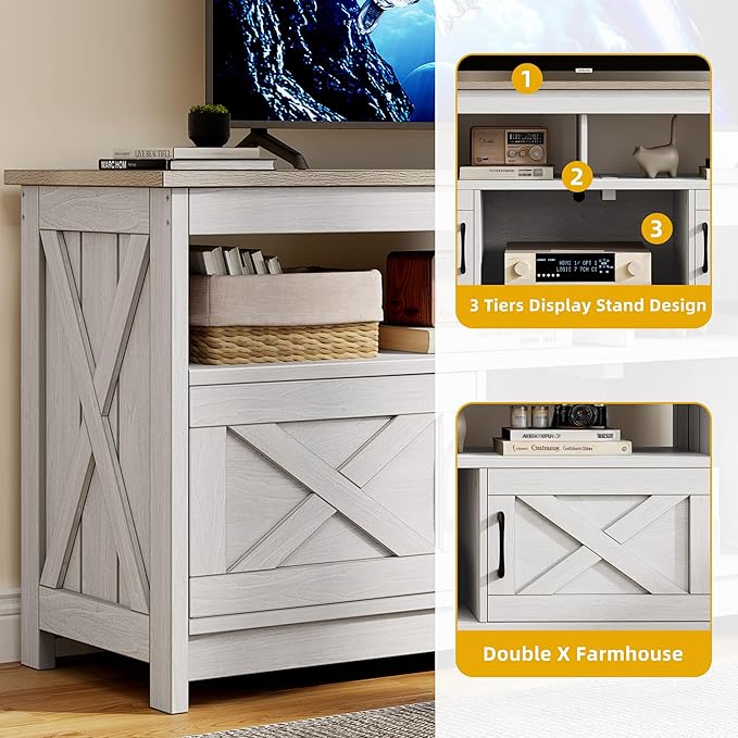 DWVO Farmhouse TV Console, TV Stand with Power Outlets for TVs up to 65 Inch, Entertainment Center Mid Century Modern TV Cabinet, Rustic Media Console Table for Living Room, Grey White/Grey Wash - LeafyLoom