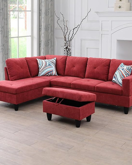 L-Shaped Sectional Couches with 66.5'' Chaise Lounge & Storage Ottoman Modular Room Sofas for Home Office Apartment, Large Living Furniture, 97'' Left Hand Facing, Red Flannelette - LeafyLoom