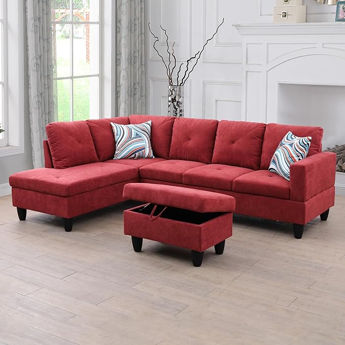 L-Shaped Sectional Couches with 66.5'' Chaise Lounge & Storage Ottoman Modular Room Sofas for Home Office Apartment, Large Living Furniture, 97'' Left Hand Facing, Red Flannelette - LeafyLoom