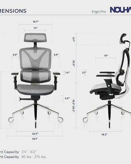 Nouhaus Ergonomic Office Chair Lumbar Support Aluminum Alloy Backrest, Big and Tall Mesh Computer Desk Chair with Adjustable Headrest, 4D Armrest and Premium Wheels(ErgoPRO,Silver) - LeafyLoom