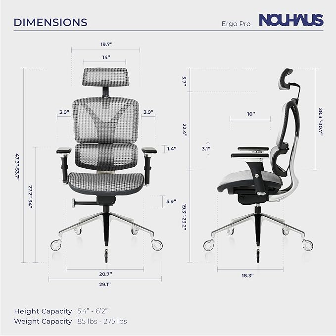 Nouhaus Ergonomic Office Chair Lumbar Support Aluminum Alloy Backrest, Big and Tall Mesh Computer Desk Chair with Adjustable Headrest, 4D Armrest and Premium Wheels(ErgoPRO,Silver) - LeafyLoom