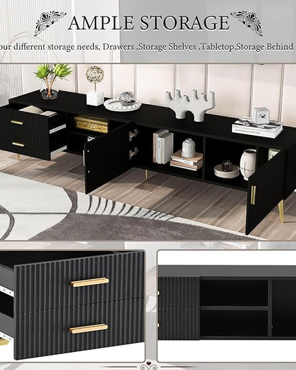 71 Inch TV Stand, Modern Television Stands with Drawers, Cabinets and Open Shelf, Entertainment Center with 5 Champagne Legs for Living Room and Bedroom, Black - LeafyLoom