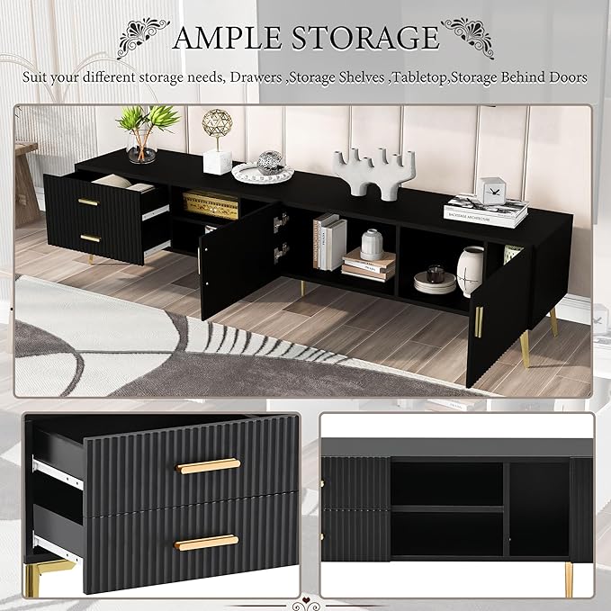 71 Inch TV Stand, Modern Television Stands with Drawers, Cabinets and Open Shelf, Entertainment Center with 5 Champagne Legs for Living Room and Bedroom, Black - LeafyLoom