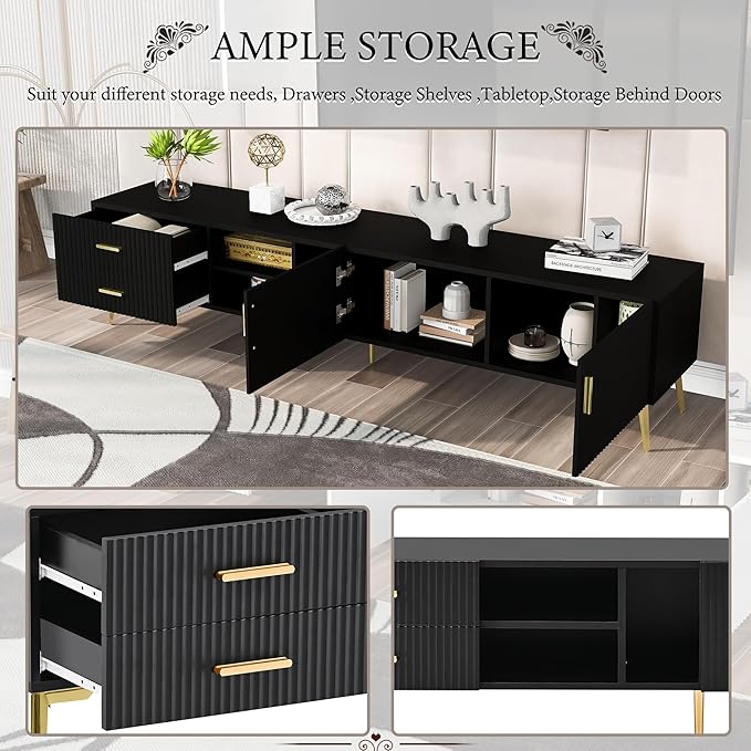 NicBex TV Stand for 75+ Inch TV Modern TV Media Console Table with 5 Champagne Legs and Versatile Storage,Entertainment Center with Storage for Living Room,Bedroom,70.9 Inch,Black - LeafyLoom