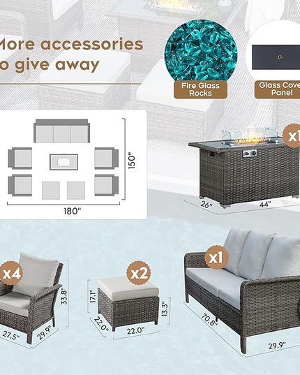 Yechen Patio Conversation Set 9 Seats with 44" Propane Gas Fire Pit Table - 8 Pcs Outdoor Wicker Furniture Set with Lid & Wind Shields - Sectional Sofa Set for Porch,Backyard - LeafyLoom