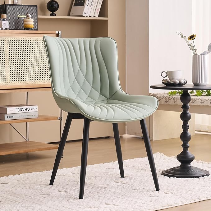 YOUTASTE Sage Green Dining Chairs Set of 2 Upholstered Mid Century Modern Kitchen Dining Room Chairs Armless Faux Leather Accent Chairs Metal Vanity Lounge Chair with Back for Bedrooms, Mint Green - LeafyLoom