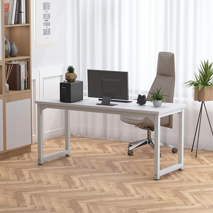 NSdirect Large Office Desk for Home Office, Large 63" Computer Desk Table, Wide Writing Study Desk for 2 Person, Metal Sturdy Frame Thicker Steel Legs, (White, 62.6" L x 22.8" W x 28.7" H) - LeafyLoom