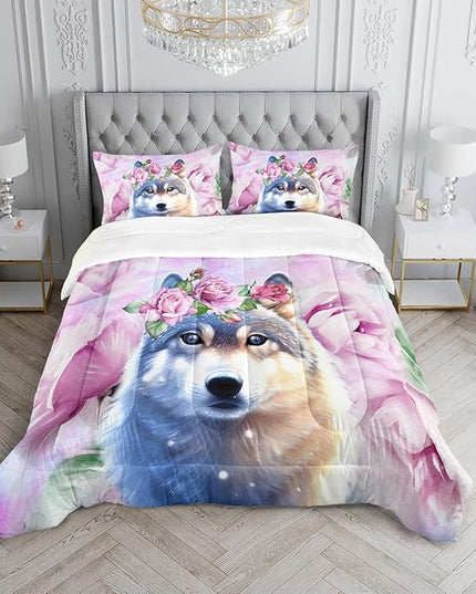 Wolf Comforter Set Tie Dye Wolf Bedding Set for Kids Teens Room Decor Romantic Pink Rose Wild Animals Comforter with 2 Pillowcases - LeafyLoom
