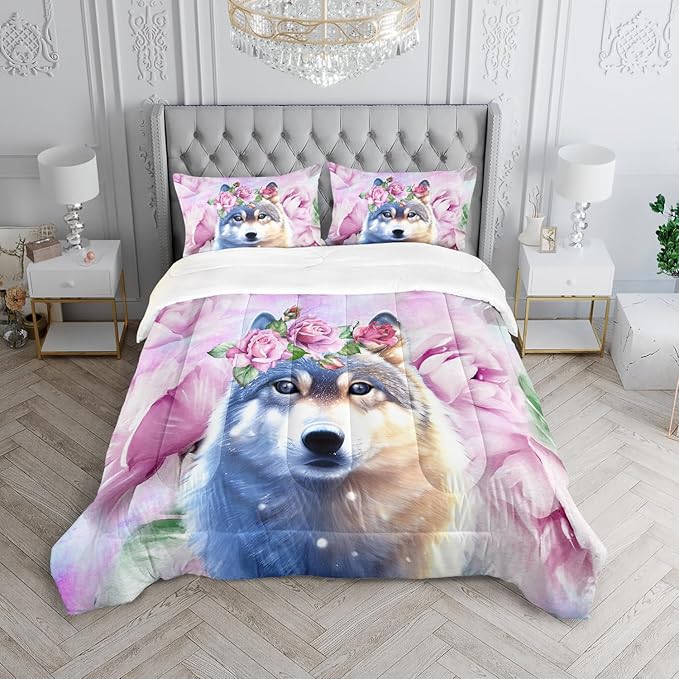 Wolf Comforter Set Tie Dye Wolf Bedding Set for Kids Teens Room Decor Romantic Pink Rose Wild Animals Comforter with 2 Pillowcases - LeafyLoom