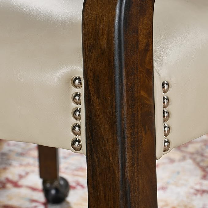 Large Dining Chairs with Casters and Arms, Rolling Dining Chairs with Wheels, Solid Wood Office Desk Chairs, 26“Dx25.2 Wx31.5“H, Espresso Legs & Beige PU, XXY-1910-BG - LeafyLoom