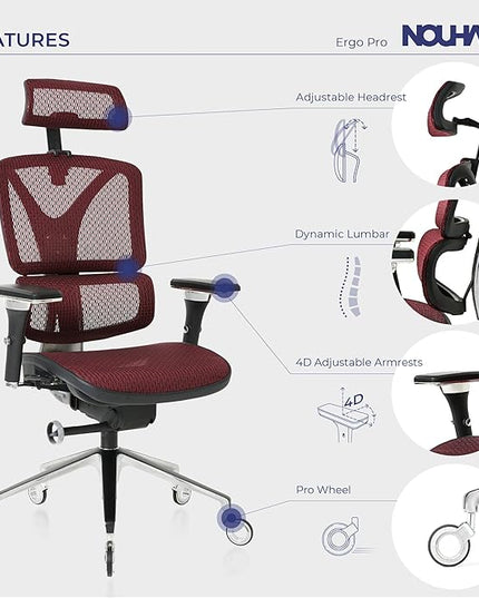 Nouhaus Ergonomic Office Chair Lumbar Support Aluminum Alloy Backrest, Big and Tall Mesh Computer Desk Chair with Adjustable Headrest, 4D Armrest and Premium Wheels(ErgoPRO,Burgundy) - LeafyLoom