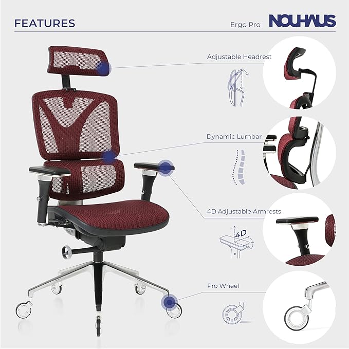 Nouhaus Ergonomic Office Chair Lumbar Support Aluminum Alloy Backrest, Big and Tall Mesh Computer Desk Chair with Adjustable Headrest, 4D Armrest and Premium Wheels(ErgoPRO,Burgundy) - LeafyLoom