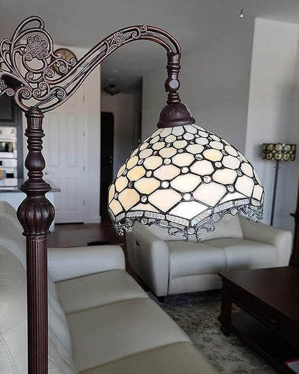 Amora Tiffany Style Floor Lamp Jeweled Jagged Edge Arched 62" Tall Stained Glass White Tan Antique Vintage Light Decor Bedroom Living Room Reading Gift AM122FL12B Lighting - LeafyLoom
