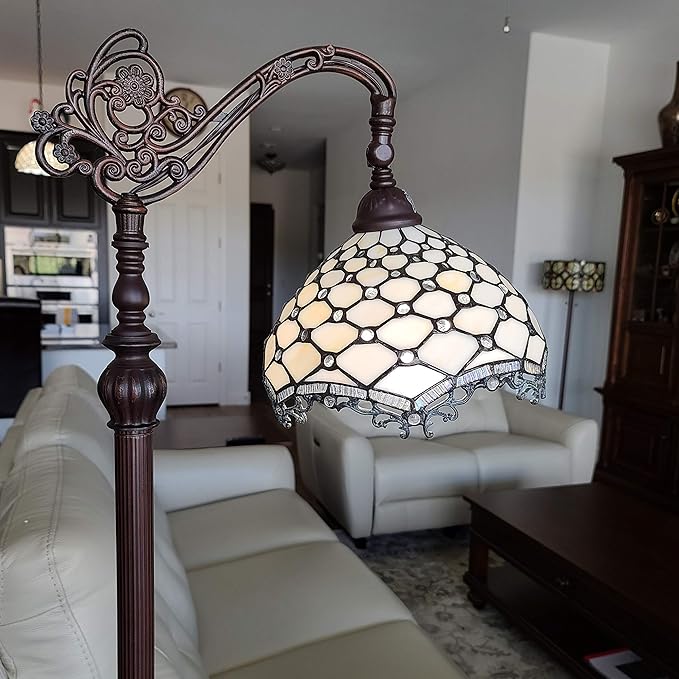 Amora Tiffany Style Floor Lamp Jeweled Jagged Edge Arched 62" Tall Stained Glass White Tan Antique Vintage Light Decor Bedroom Living Room Reading Gift AM122FL12B Lighting - LeafyLoom