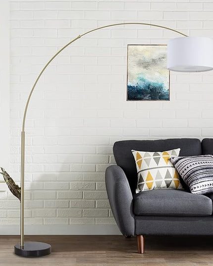 Modern 81" Arc X-LARGE Tall Living Room-Stand Up Arching Drum Shade Large Floor Lamp with Real Marble Base for Dinning/Bedrooms-Corner Lamp for Office Lighting White/Gold (99-6938GLD) - LeafyLoom