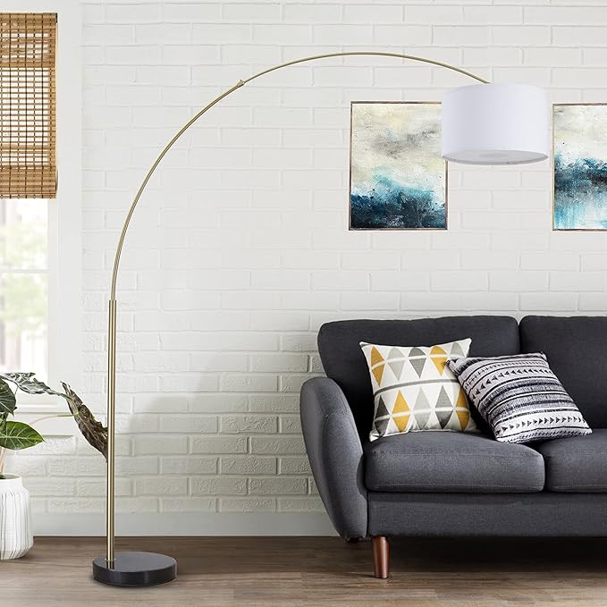 Modern 81" Arc X-LARGE Tall Living Room-Stand Up Arching Drum Shade Large Floor Lamp with Real Marble Base for Dinning/Bedrooms-Corner Lamp for Office Lighting White/Gold (99-6938GLD) - LeafyLoom