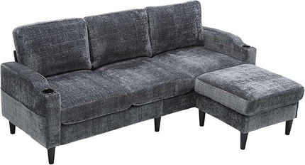 Convertible Sectional Sofa with Movable Storage Ottoman and Cupholders, 3 Seater L-Shaped Corner Couch,Chenille Upholstered Furniture w/Detachable Thicked Cushions for Living Room, Small Space - LeafyLoom