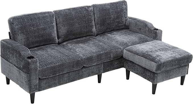 Convertible Sectional Sofa with Movable Storage Ottoman and Cupholders, 3 Seater L-Shaped Corner Couch,Chenille Upholstered Furniture w/Detachable Thicked Cushions for Living Room, Small Space - LeafyLoom