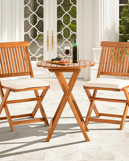 Round Table Heavy Duty 400lbs Capacity Patio Bistro Set 3 Piece Outdoor, Folding Chairs w/Cushion - LeafyLoom