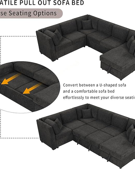 U Shaped Reversible Pull Out Sleeper Sectional Sofa Convertible Corner Couch Bed with Storage Chaise Lounge , 6 Seater Chenille Upholstered Sofa&Couch wth USB Ports, 2 Power Sockets for Living Room - LeafyLoom
